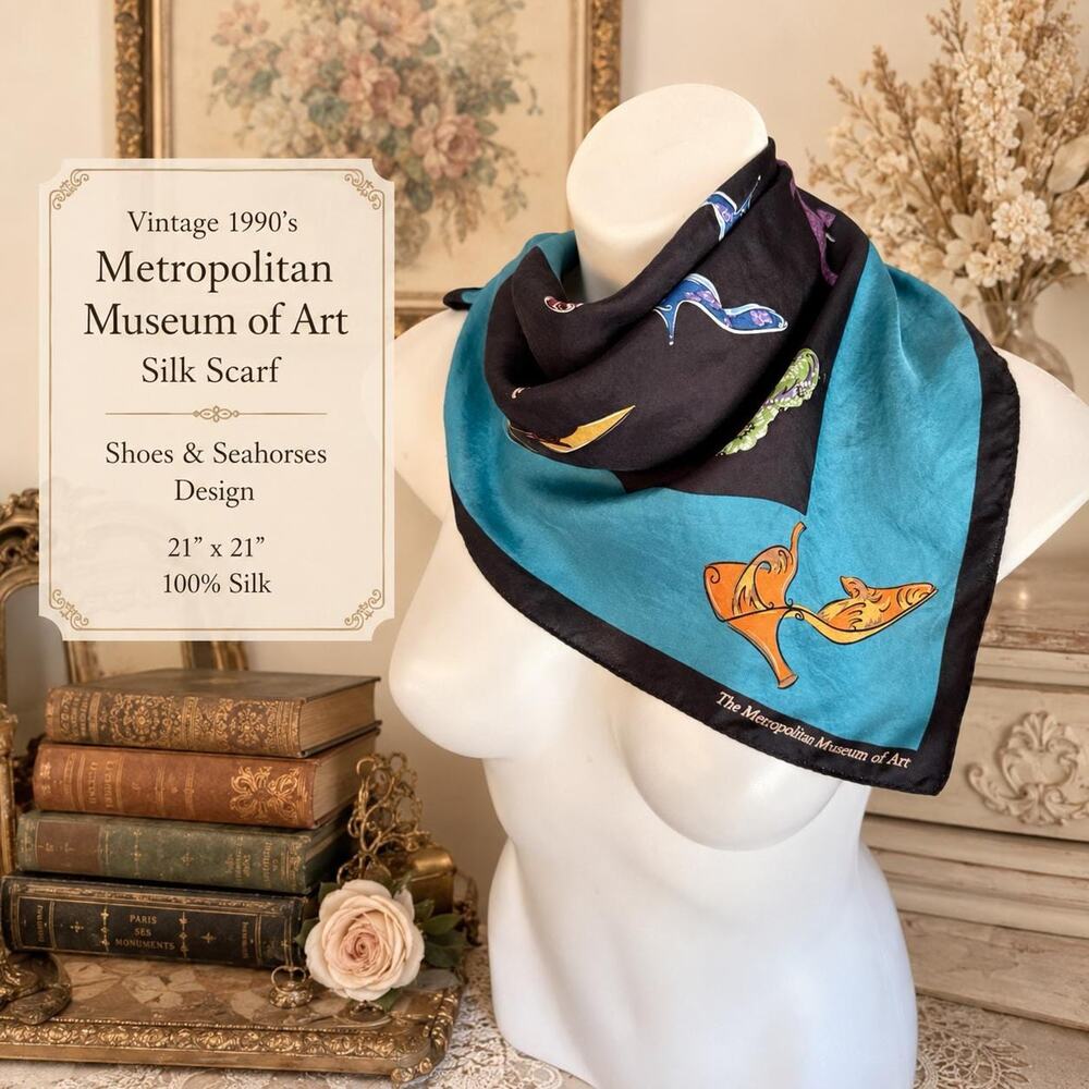 Vintage 1990’s Metropolitan Museum of Art Silk Scarf Shoes Seahorses Teal 21x21 - Picture 2 of 11